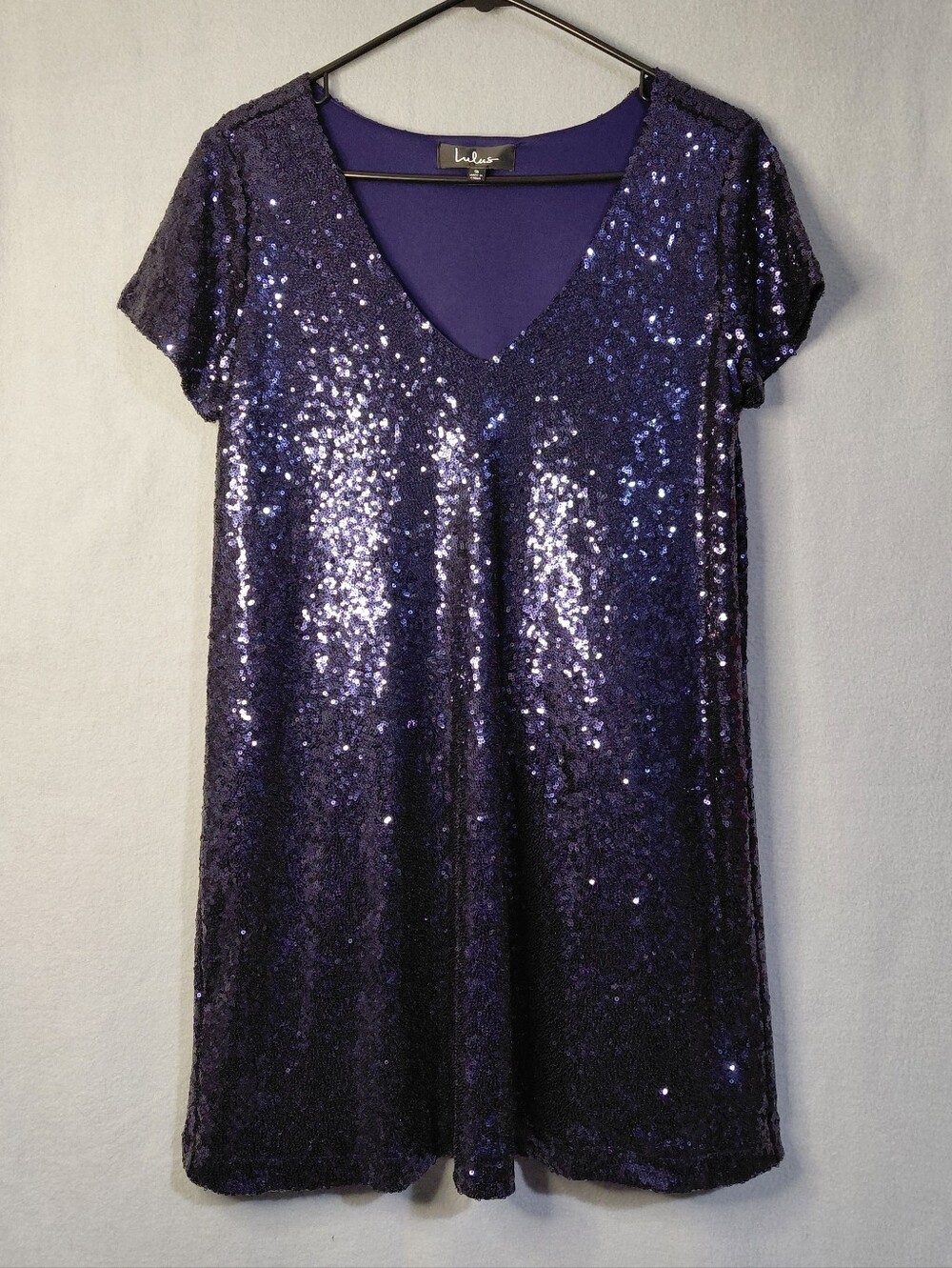 Lulu's Navy Purple Sequin V-Neck Short Sleeve Tunic Party Dress Sz Small